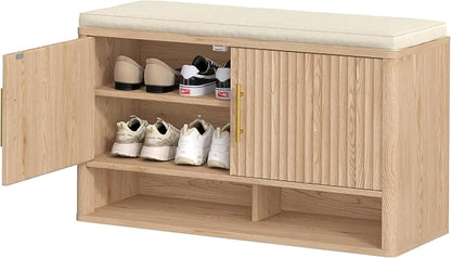 Fluted Shoe Storage Bench with Cushion, Entryway Bench with Adjustable Shelves and Open Bottom Shelf, Hidden Shoe Cabinet Storage for Entryway, Hallway, Living Room, Bedroom, Natural Oak
