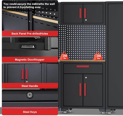 Garage Storage Cabinet System, 6-Pcs Garage Cabinets and Storage System Corner Workshop Set with Corner Cabinet, Cabinet Drawers, Workbench, Pegboard for Tool Organization, Black and Red
