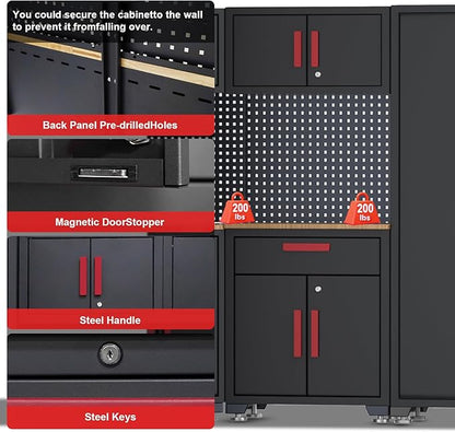 Garage Storage Cabinet System, 16PCS Garage Cabinets and Storage System Workshop Set with Red Cabinet, Cabinet Drawers, Workbench, Pegboard for Tool Organization,Red Handle
