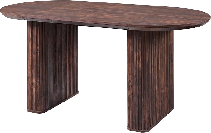 T4TREAM 63" Fluted Oval Dining Table for 4-6, Mid-Century Modern Kitchen Table with Thickened Edge & Strip Pedestal Base, Wood Luxury Table for Dining Room/Kitchen/Home Office, Walnut (Table Only)