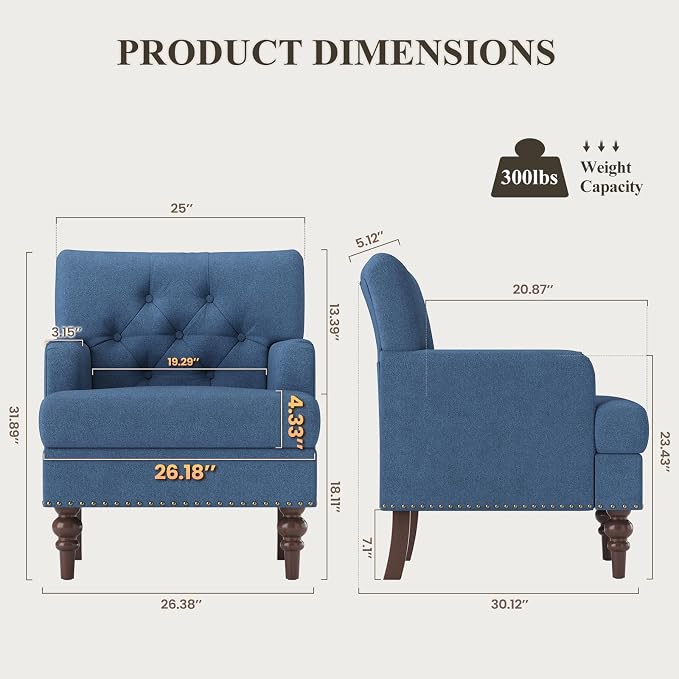 MALOL Upholstered Accent Chair, Comfy Reading Chair for Living Room, Mid Century Modern Armchair with Thick Cushion & Solid Rubberwood Legs, for Bedroom/Small Spaces, Blue