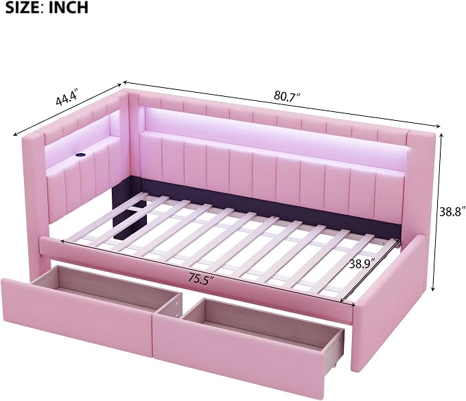 Merax Twin Size Modern Upholstered Platform Bed with USB Ports & Storage Drawers, Floor Sofa Daybed with Wood Slat Support, Storage Bed Frame with Headboard/Twin, Pink