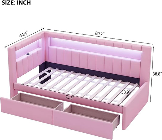 Merax Twin Size Modern Upholstered Platform Bed with USB Ports & Storage Drawers, Floor Sofa Daybed with Wood Slat Support, Storage Bed Frame with Headboard/Twin, Pink