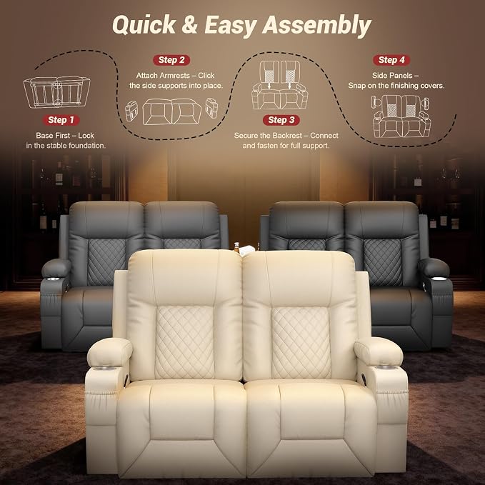 RV Loveseat Recliner Sofa, Reclining Loveseat Wall Hugger Recliners with USB Ports, Cup Holders, Insert Pockets, RV Recliners for Travel Trailers & Living Room, RV Furniture | RV Couch | Beige