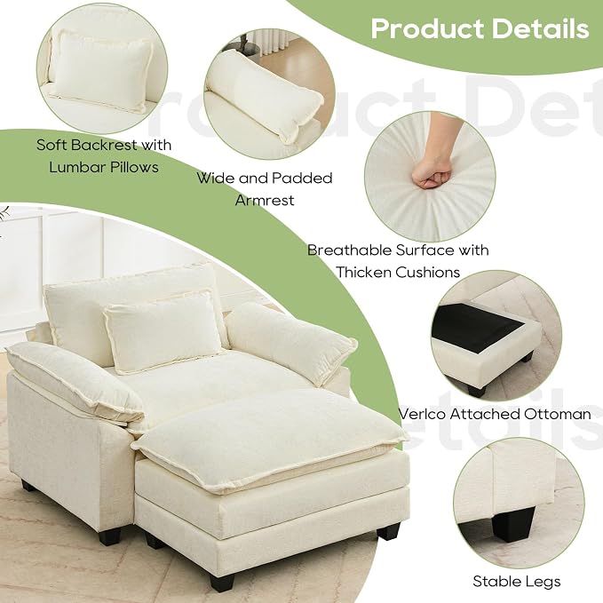 Oprisen 53" Modular Sectional Sofa, Comfy Cloud Couch Sectional Sofa with Ottoman, Chenille Sofa Sleeper Deep Seat Sofa with Throw Pillows for Living Room (Beige White)