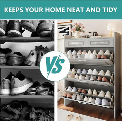 Shoe Cabinet with 3 Large Flip Drawers and 2 Storage Drawers, Narrow Shoe Organizer Cabinet Fits for Kinds of Shoes, Hidden Shoe Storage Cabinet for Entryway, Hallway, Light Grey