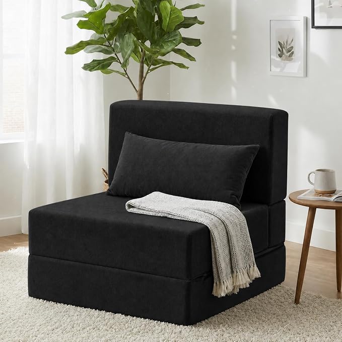 Folding Sofa Bed, Convertible Sleeper Chair with Pillow, Foldable Mattress & Back Support, Portable Floor Lounger Futon for Apartment, Dorm, Living Room, Bedroom (Black,)