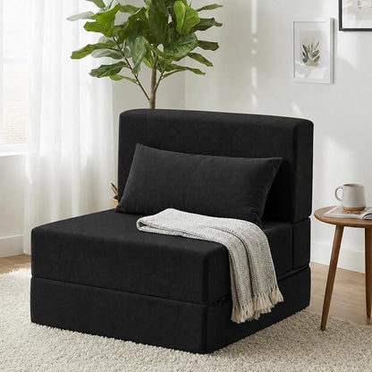 Folding Sofa Bed, Convertible Sleeper Chair with Pillow, Foldable Mattress & Back Support, Portable Floor Lounger Futon for Apartment, Dorm, Living Room, Bedroom (Black,)