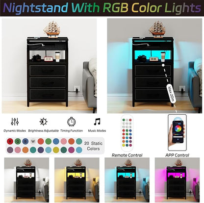 SZLHANJZ End Table with 3 Drawers, Nightstand with Charging Station and LED Lights, Small Fabric Night Stand for Bedside, Storage Side Table for Living Room Dorm, Black