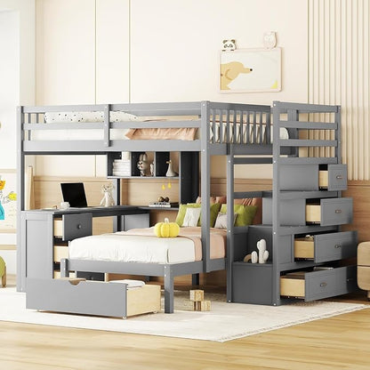 MERITLINE Full Over Twin L Shaped Bunk Bed with Stairs and Desk,Solid Wood L-Shaped Bunk Bed with Storage Drawers,Shelves,Ladder,Headboard and Guardrail,No Box Spring Needed (Grey)