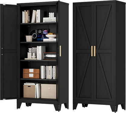 Baborokic 71H Tall Metal Storage Cabinet with 2 Doors and Adjustable Shelves,Farmhouse Storage Cabinet with Barn Doors,Pantry Storage for Home,Office,Bathroom,Dining Room,Kitchen(Black)