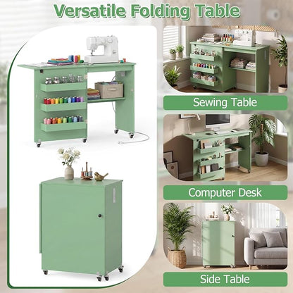 Giantex Folding Sewing Table with Charging Station, Rolling Craft Table with Storage Trays & Shelf, Foldable Sewing Machine Cabinet Desk with Lockable Wheels for Small Spaces (Sage)