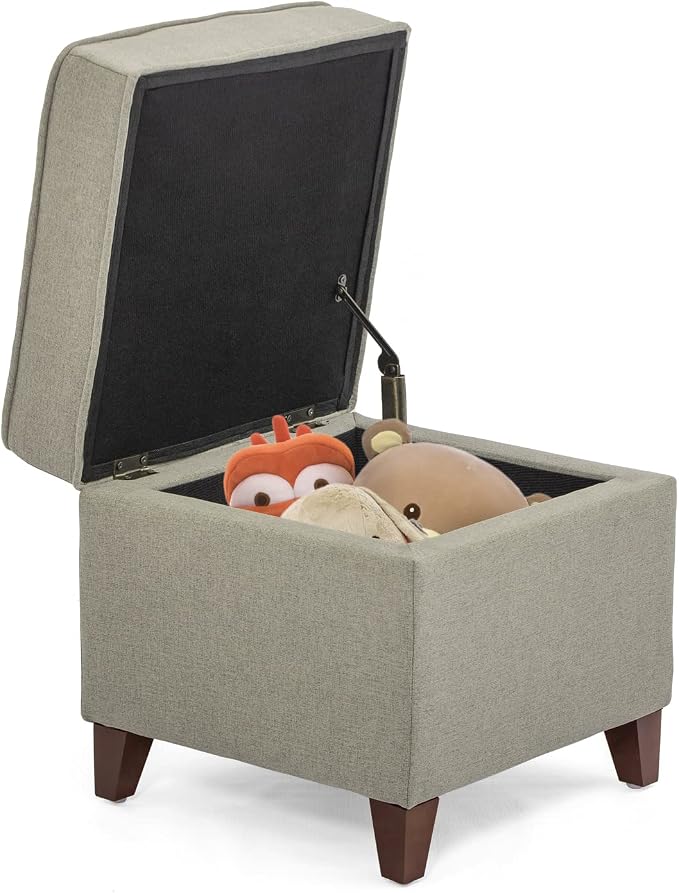 Adeco Fabric Ottoman with Storage Chest and Footrest - Square Seat, Light Brown