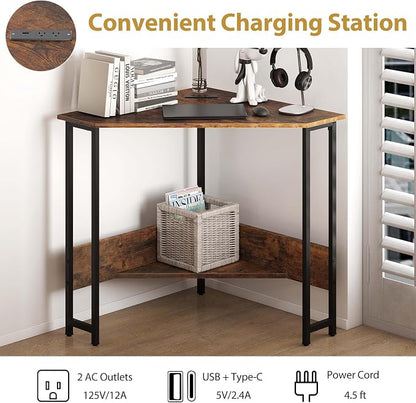 Tangkula Corner Desk with Power Outlet & USB Ports, Triangle Computer Desk with Charging Station, Storage Shelf, Space Saving Writing Desk, Vanity Table, Corner Desk for Small Space (Rustic Brown)