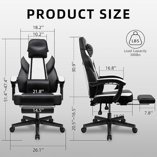 Shintenchi Gaming Chair,Video Game Chair with footrest and Massage Lumbar Support,Height Adjustable Game Chair with 360°Swivel Seat Ergonomic Computer Chair with Headrest for Office or Gaming(White)