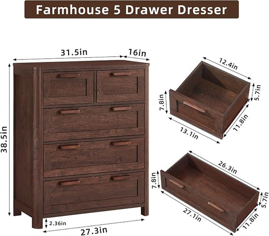 Joaxswe Farmhouse 5 Drawer Dresser for Bedroom, Vertical Dressers Chest of Drawers with 5 Deep Drawers & 4 Thickened Table Legs & Rounded Corners, Walnut