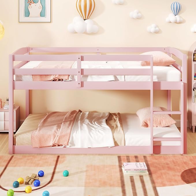 Giantex Twin Low Bunk Bed, Solid Wood Twin Over Twin Bunk Bed Frame with Full Guardrails & Integrated Ladder, Floor Twin Bunk Beds for Kids Boys and Girls, No Box Spring Needed (Pink)