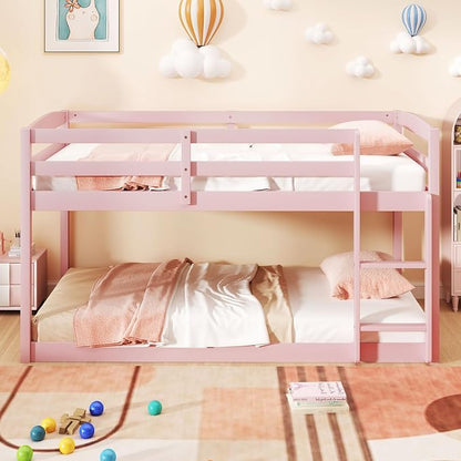 Giantex Twin Low Bunk Bed, Solid Wood Twin Over Twin Bunk Bed Frame with Full Guardrails & Integrated Ladder, Floor Twin Bunk Beds for Kids Boys and Girls, No Box Spring Needed (Pink)