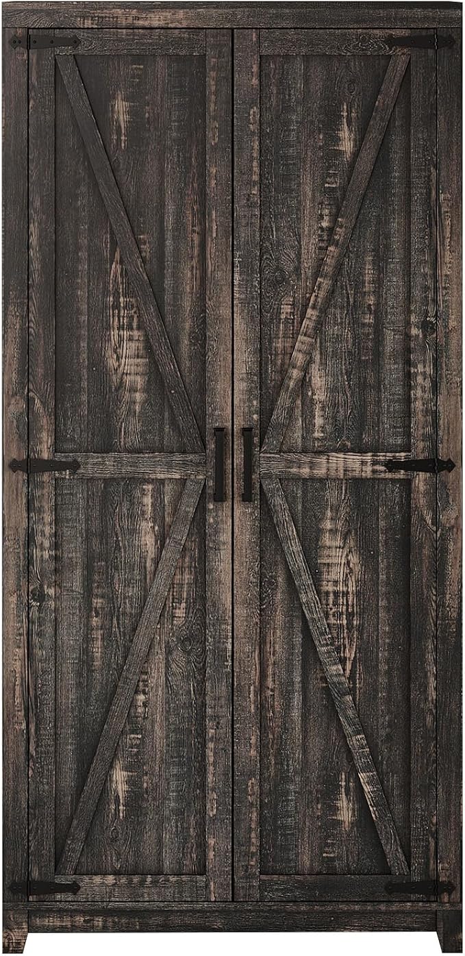 LUXOAK 70" Large Armoire Wardrobe Closet with Hanging Rod, Farmhouse Clothing Storage Cabinet with 2 Barn Doors, Wooden Tall Bedroom Armoires with Shelf, Dark Oak Wood