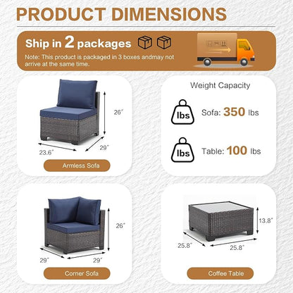 MOCHITO 7 Pieces Outdoor Patio Furniture Sets, All-Weather Sectional Sofa Dark Brown PE Rattan Wicker Conversation Set with Glass Table and Washable Blue Cushions for Backyard,Sunroom,Garden,Porch
