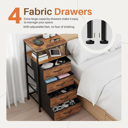 Sweetcrispy Nightstand with Charging Station, Bedside End Table with 4 Fabric Drawers, USB & Type-C Ports with AC Outlets, Adjustable Feet & Dimmable LED Light Strip, Modern Bedroom Furniture, Brown