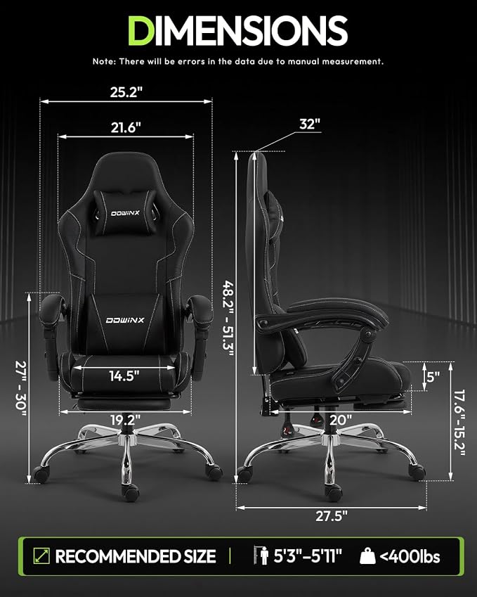 Dowinx Ergonomic Gaming Chair with Footrest & Massage Lumbar, 2D-Linkage Armrests for Computer Chair 330lbs with Headrest Pillow for Office, Home, Streaming and Long Gaming Sessions, Black