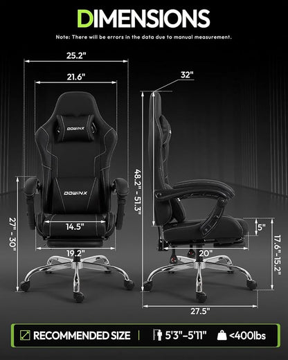 Dowinx Ergonomic Gaming Chair with Footrest & Massage Lumbar, 2D-Linkage Armrests for Computer Chair 330lbs with Headrest Pillow for Office, Home, Streaming and Long Gaming Sessions, Black