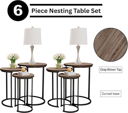 Lavish Home Nesting Tables - Set of 6 Round Side Tables with Woodgrain-Look Tops and Black Metal Frames – Modern Accent & End Table Set for Living Room, Bedroom, or Home Office (Gray/Brown)