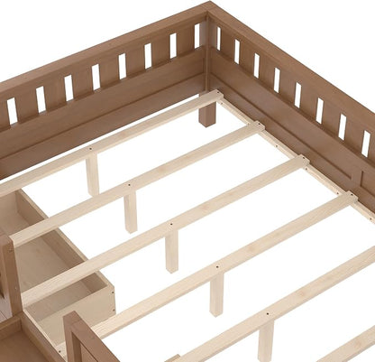 Queen Platform Bed with Storage Drawers and Bookshelves, Kids Platform Bed Frame with Low-profile Stairs and Full-length Guardrails, Queen Bed Frame for Boys, Girls, No Box Spring Needed, Nature