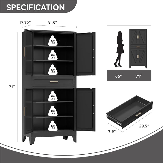 Metal Storage Cabinets with Drawer, 71" Filing Cabinet with 4 Adjustable Shelves & 4 Doors, Modern Abstract Rhombus Geometric Design File Cabinet for Home,Office,Garage,Shop,School, Black
