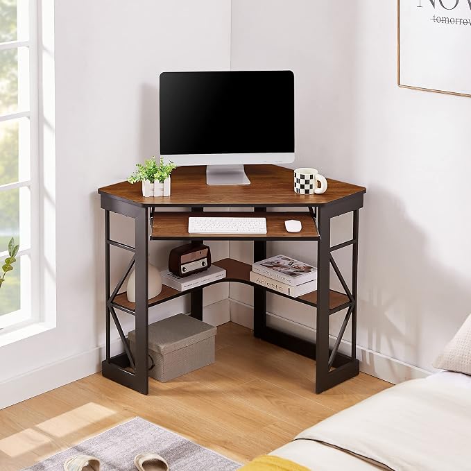 VECELO Corner Computer Desk 41 x 30 inches with Smooth Keyboard & Storage Shelves for Home Office Workstation, Teak