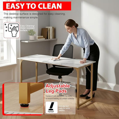 PayLessHere | 55 Inch Computer Desk | White Gold | Office Desk with Metal Frame, Adjustable Feet | Water-Resistant, Scratchproof Surface | Sturdy Writing Table for Home Office or Study | Pack of 1