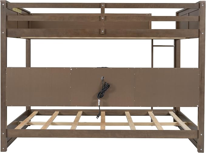 Wood Bunk Bed Queen over Queen Size with Built-in Storage Cabinets and USB Ports, Versatile Bunk Bed Frame with Ladder and Guardrail for Kids Teens Adult, Maximize Space (Antique Wood-9.30)