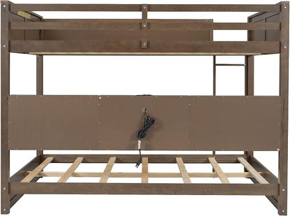Wood Bunk Bed Queen over Queen Size with Built-in Storage Cabinets and USB Ports, Versatile Bunk Bed Frame with Ladder and Guardrail for Kids Teens Adult, Maximize Space (Antique Wood-9.30)