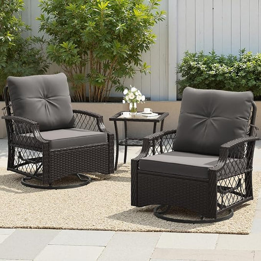 3-Piece Patio Furniture Set, Wicker Outdoor Bistro Set Swivel Glider Patio Chairs x 2 with Cushions, High Back All-Weather Rattan Outdoor Furniture for Porch, Backyard (Grey + Wicker)