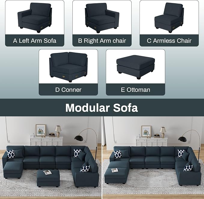 Legend Vansen Oversized Modular Sectional Sofa,U/L‑Shaped Reversible Couch with Ottoman,Deep Seat Plush Polyester Sofa for Living Room,9‑Seater,Charcoal