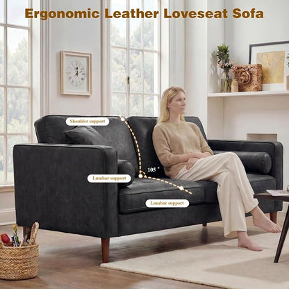 70" Mid-Century Modern Sofa Couch – Faux Leather Loveseat Sofa with Deep Seat & Solid Wood Frame – Includes 2 Accent Pillows – Black Living Room Bedroom Office (Black, 70 inches)