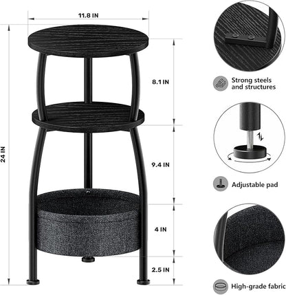 Small Round Side Table for Living Room with Storage Basket –Small Space Saving End Table 3-Tier Accent Nightstand Couch Corner Table for Sofa, Bedroom, Patio and More 24in Tall Classic Black