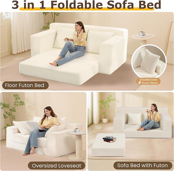 cidludto Convertible Sofa Bed, 3 in 1 Loveseat Folding Couch Bed Foldable - Chaise Lounge Chair & Floor Futon Sofa, Corduroy Pull Out Sofa Bed with 4 Pillows for Living Room, Beige