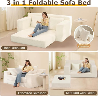 cidludto Convertible Sofa Bed, 3 in 1 Loveseat Folding Couch Bed Foldable - Chaise Lounge Chair & Floor Futon Sofa, Corduroy Pull Out Sofa Bed with 4 Pillows for Living Room, Beige