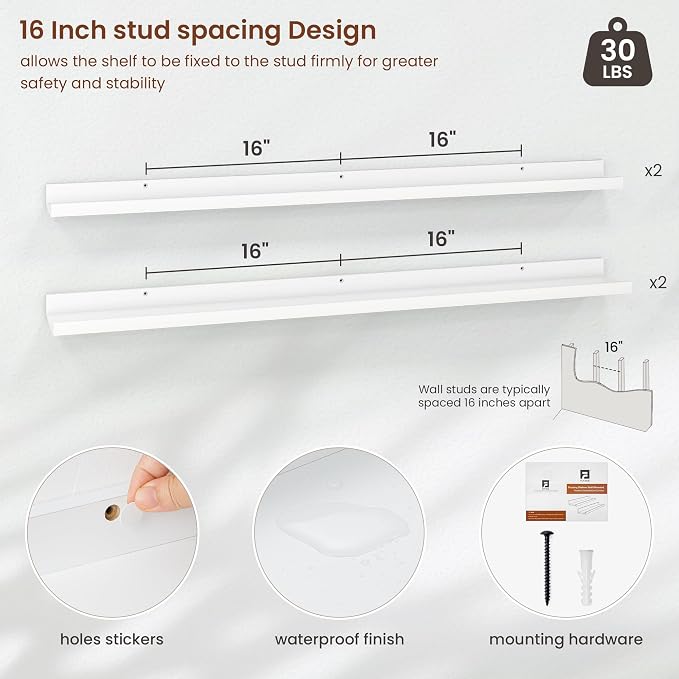 Axeman Picture Ledge Shelf | 48 Inch White Floating Shelves Set of 4 | Rustic Wood Wall Shelves with Lip | 48" White Picture Shelves for Wall with Ledge | Photo Shelves