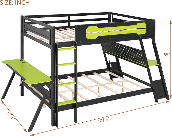 Merax Wooden Full Over Full Bunk Bed with 2 Side Desks, USB Desktop Ports and Pegboard Organizer, Gaming Bunk Bed for Gamer, Kids or Teens, No Box Spring Needed, Green