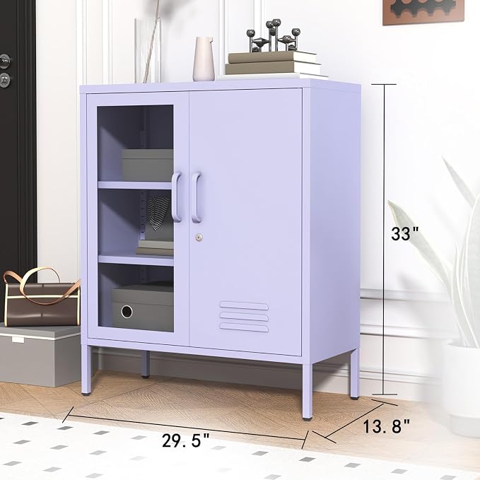 Purple Lockable Glass & Metal Door Storage Cabinet, 3-Tier Freestanding Locker Organizer with 2 Adjustable Shelves, Multipurpose Unit for Home, Entryway, Hallway, 33" H x 29.5" W x 13.8" D