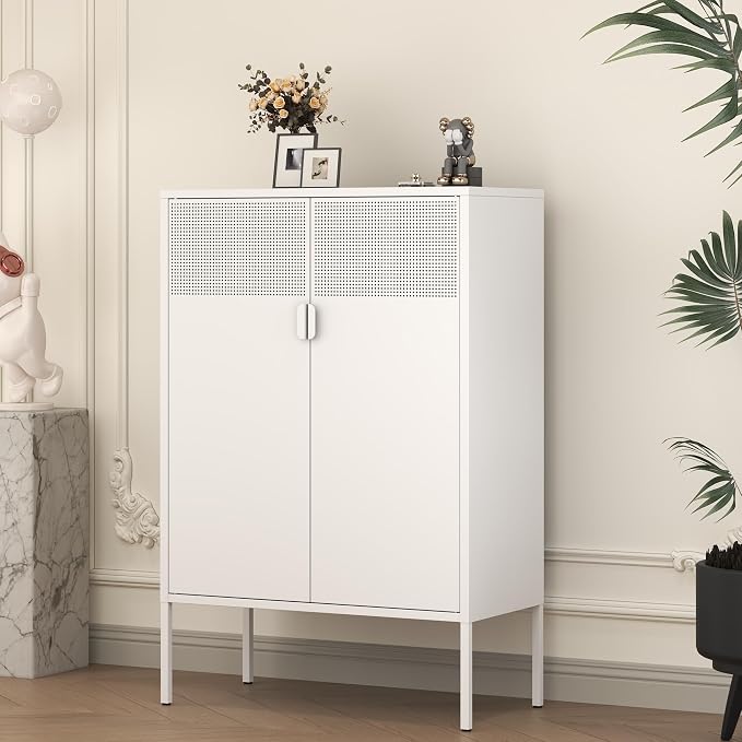 White Metal Storage Cabinet with 2 Doors - 47''H Locker Cabinet, 3 Tier Locker Door with Adjustable Shelves,Metal Sideboard for Home, Living Room,Office Kitchen and Bathroom
