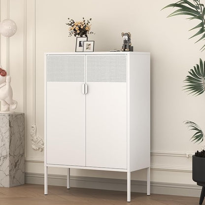 White Metal Storage Cabinet with 2 Doors - 47''H Locker Cabinet, 3 Tier Locker Door with Adjustable Shelves,Metal Sideboard for Home, Living Room,Office Kitchen and Bathroom
