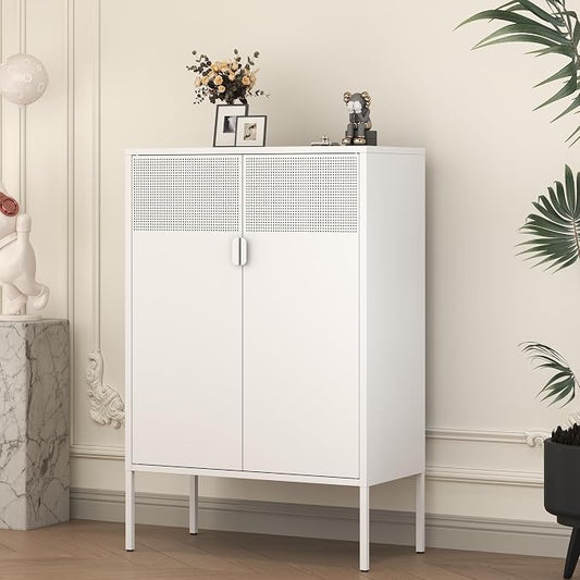 White Metal Storage Cabinet with 2 Doors - 47''H Locker Cabinet, 3 Tier Locker Door with Adjustable Shelves,Metal Sideboard for Home, Living Room,Office Kitchen and Bathroom