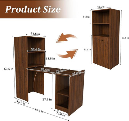 KEIKI Home Office Stretchable Desks with Storage Shelves and Mobile Wheels, Modern Wood Foldable Desk Gaming Computer Corner Table for Apartments Work, Study, Writing