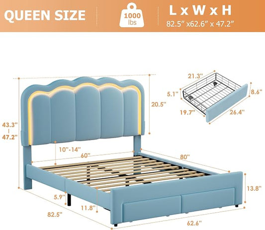 Queen Upholstered LED Bed Frame with 2 Storage Drawers and Adjustable Chic Double Wavy Headboard, Velvet Princess Platform Bed with Charing Station, Solid Wood Slats Support,No Box Spring Needed,Blue