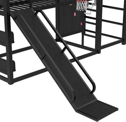 Bellemave Twin Size Bunk Bed with Basketball Hoop, Pull-up Rings and Climbing Wall, Twin Bunk Bed with Slide and Bookcase, Heavy Duty Bunk Beds with Guardrail, Black