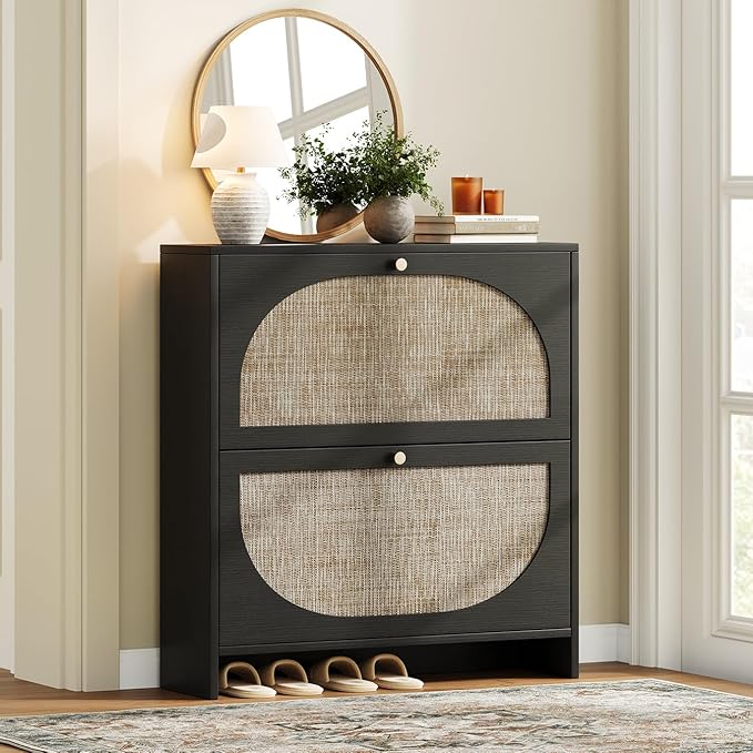 Nicetree Shoe Organizer for Entryway, Slim Shoe Rack with 2 Flip Drawers, Modern Boho Rattan Shoe Cabinet Storage for Entryway, Narrow Shoe Cabinet with Adjustable Shelves for Small Spaces, Black